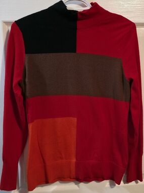 Alison Sheri Colorblock Crewneck Sweater in Red with Brown & Black Accents
